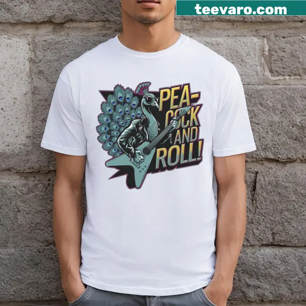 Whimsical T-shirt with a peacock graphic and playful phrase 'Peacock And Roll!'