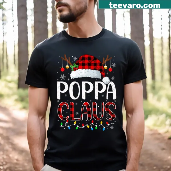 Christmas t-shirt with 'Poppa Claus' and festive lights illustration