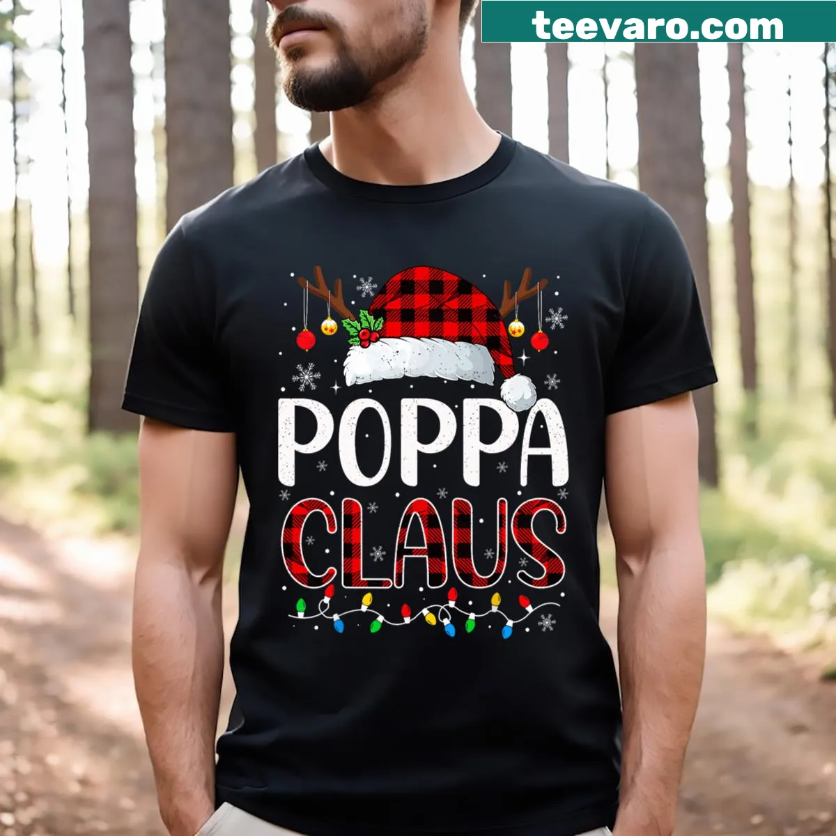 Christmas t-shirt with 'Poppa Claus' and festive lights illustration — on a men's t-shirt