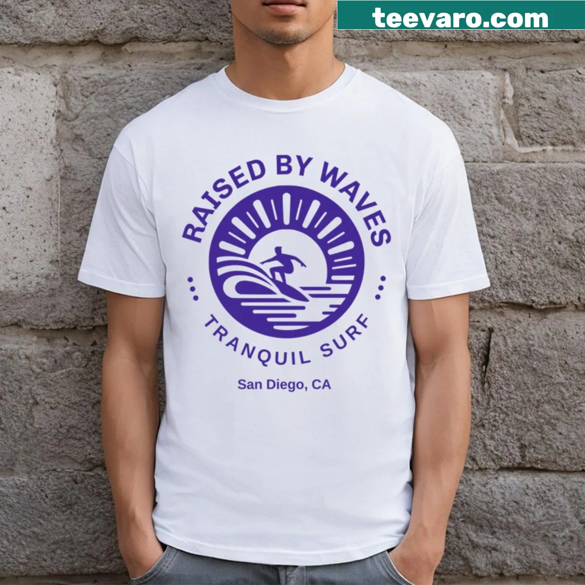 T-shirt with the phrase 'Raised By Waves' — on a men's t-shirt