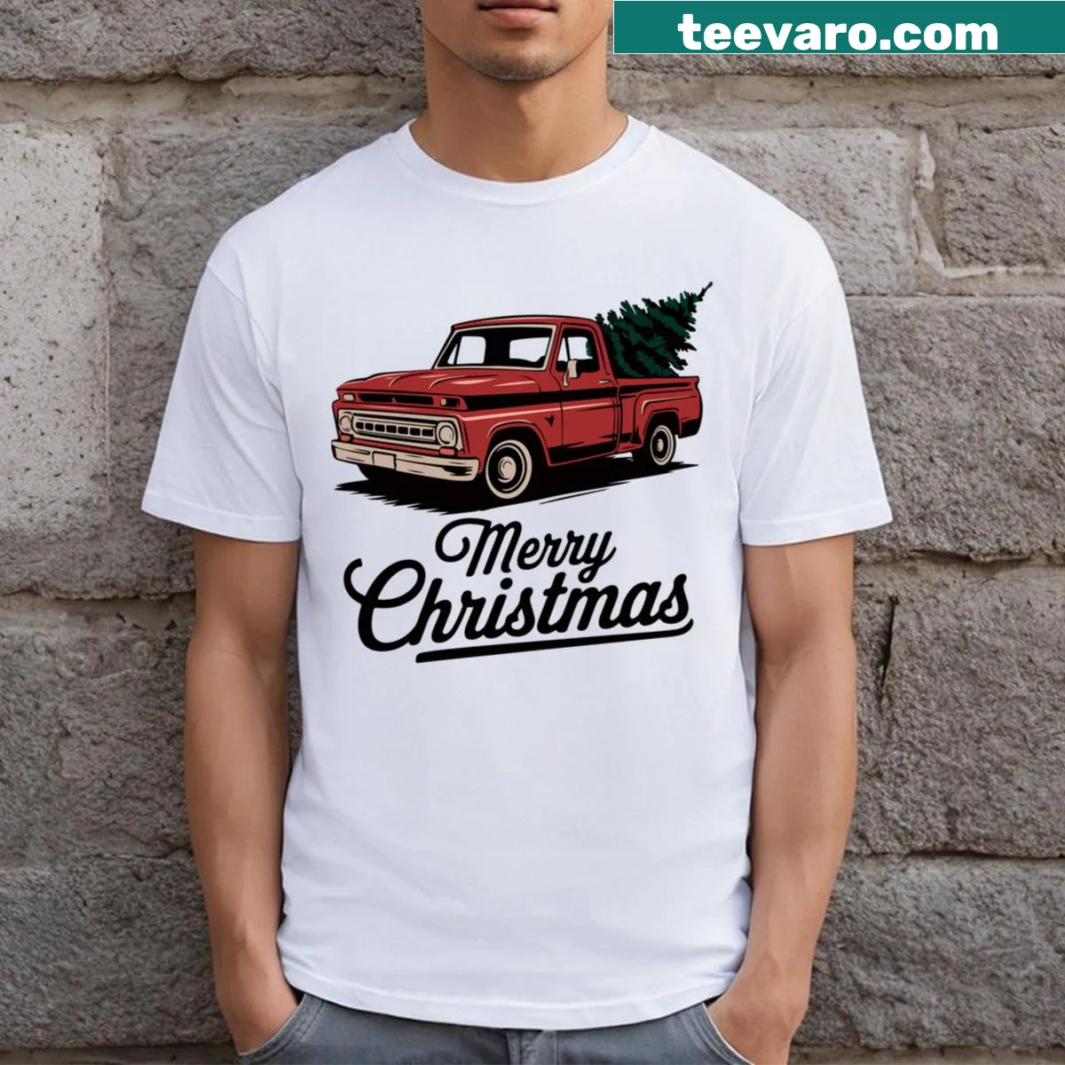 Vintage-style T-shirt with a red pickup truck and Christmas tree — on a men's t-shirt