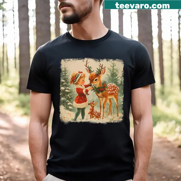 Vintage-style Christmas tee with a girl and reindeer design