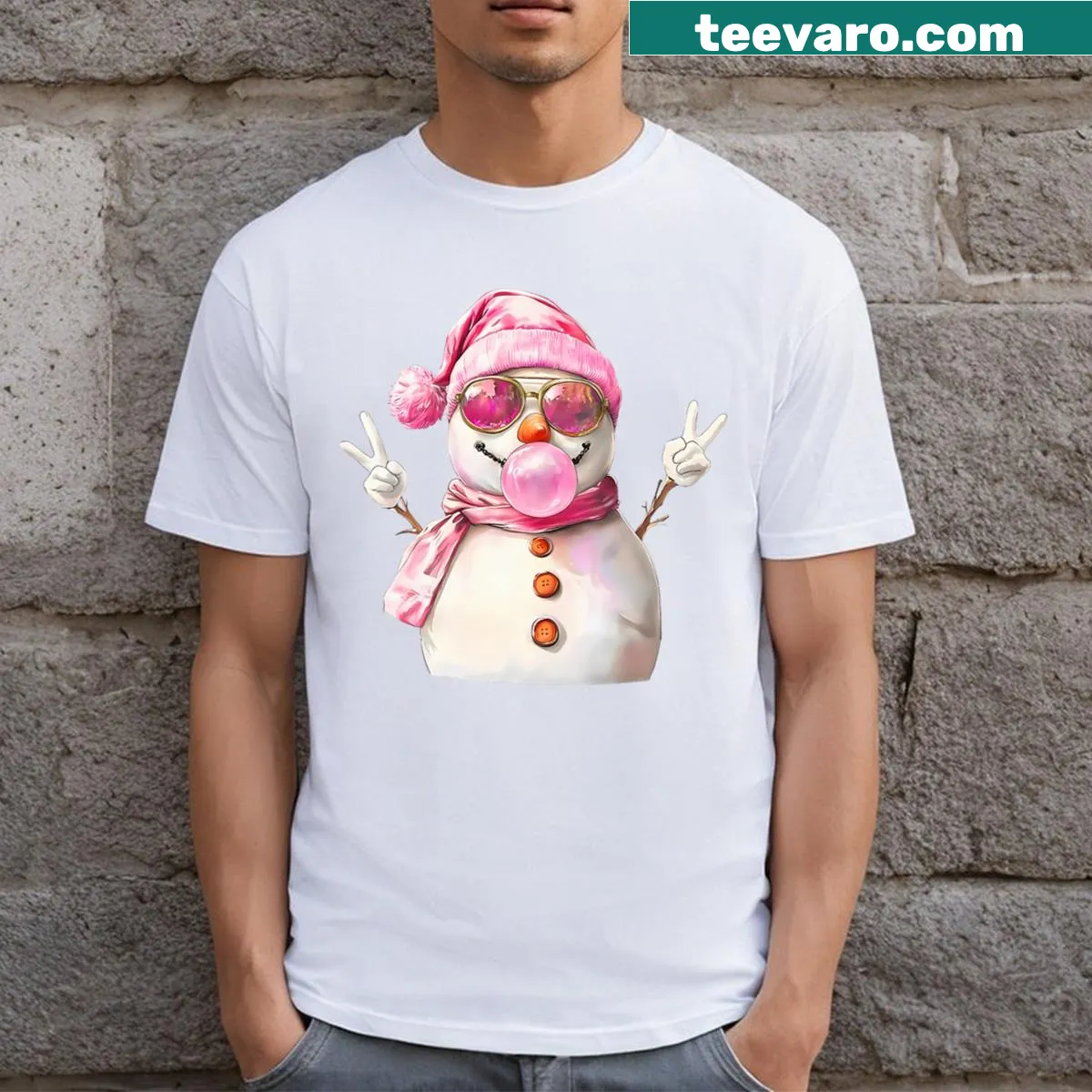 Retro bubblegum snowman taking a selfie for a cute design — on a men's t-shirt