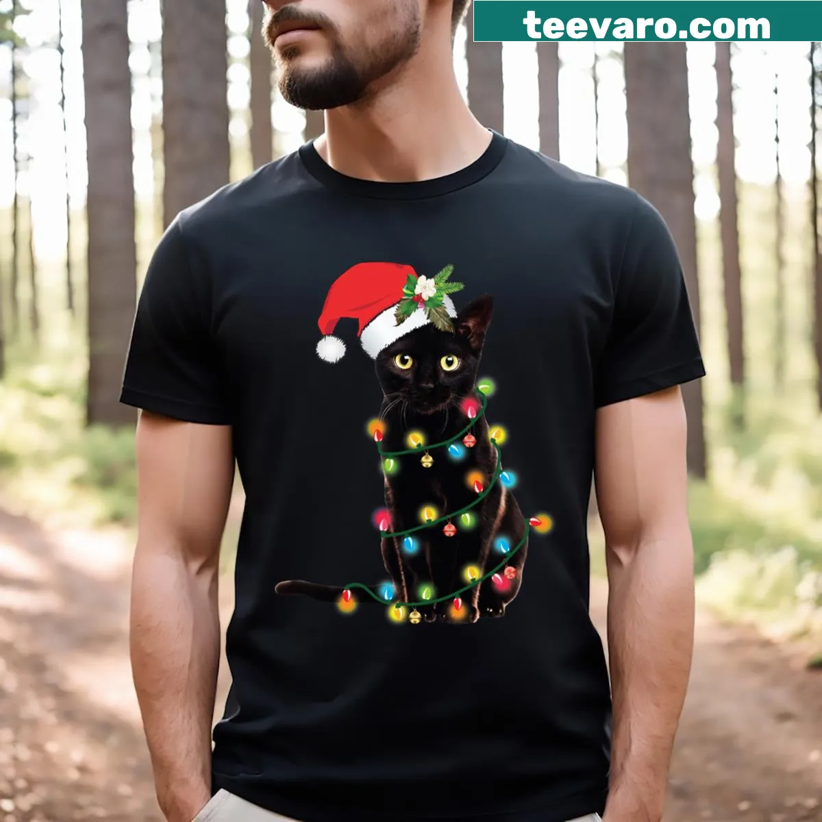 Festive t-shirt with a black cat tangled in Christmas lights — on a men's t-shirt