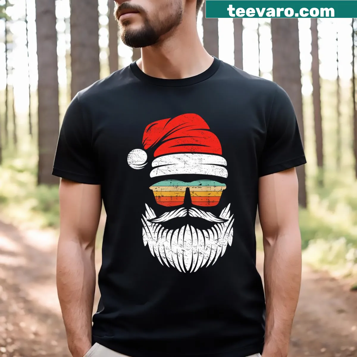 Santa wearing retro sunglasses illustrated on T-shirt — on a men's t-shirt