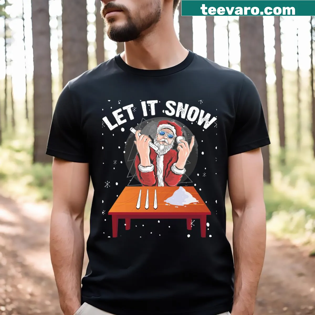 Festive t-shirt featuring Santa and snowflakes design — on a men's t-shirt