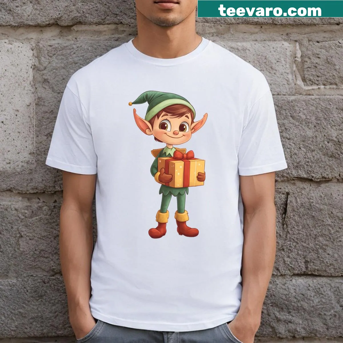 Cheerful elf graphic for a festive holiday T-shirt — on a men's t-shirt