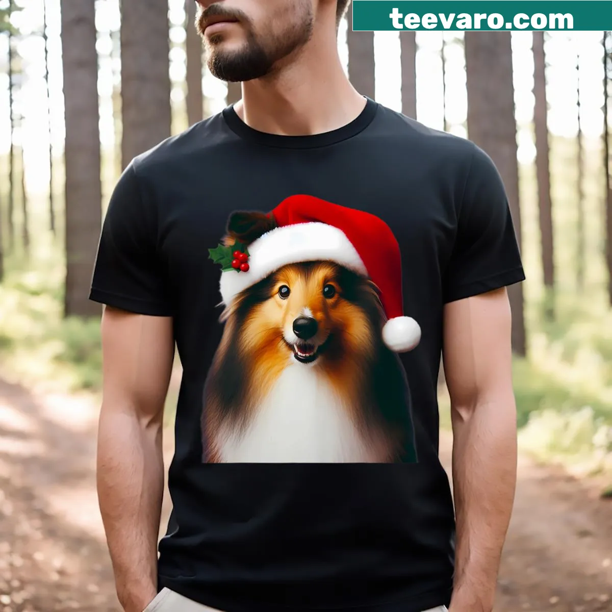 Shetland Sheepdog wearing a Santa hat for Christmas — on a men's t-shirt
