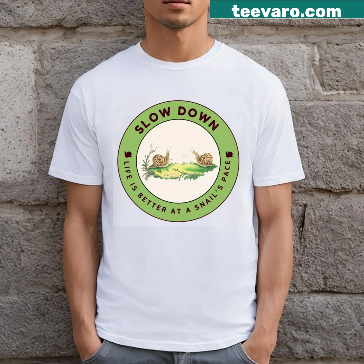 Whimsical text design promoting a slow lifestyle on a shirt — on a men's t-shirt