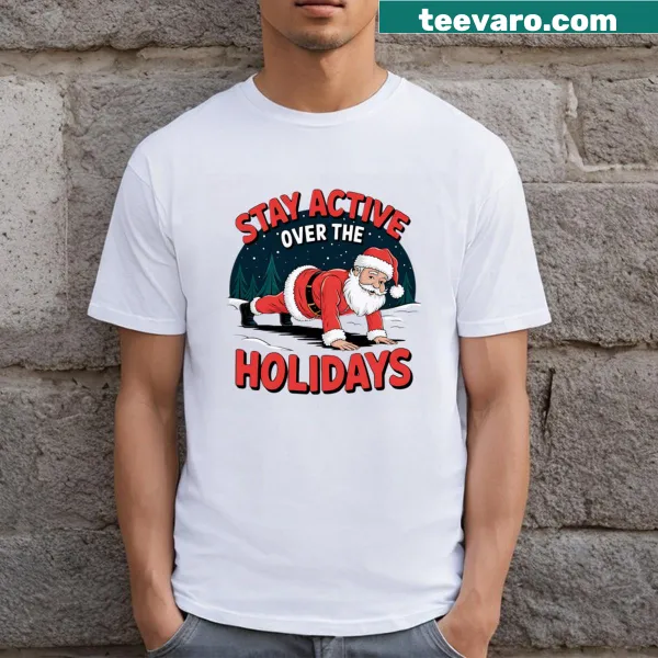 Festive t-shirt featuring an active Santa design for the holiday season.