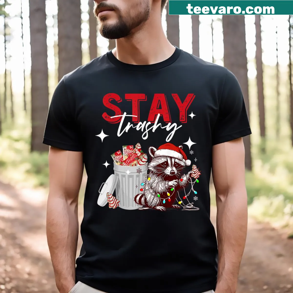 Funny raccoon cartoon T-shirt with 'Stay Trashy' text — on a men's t-shirt