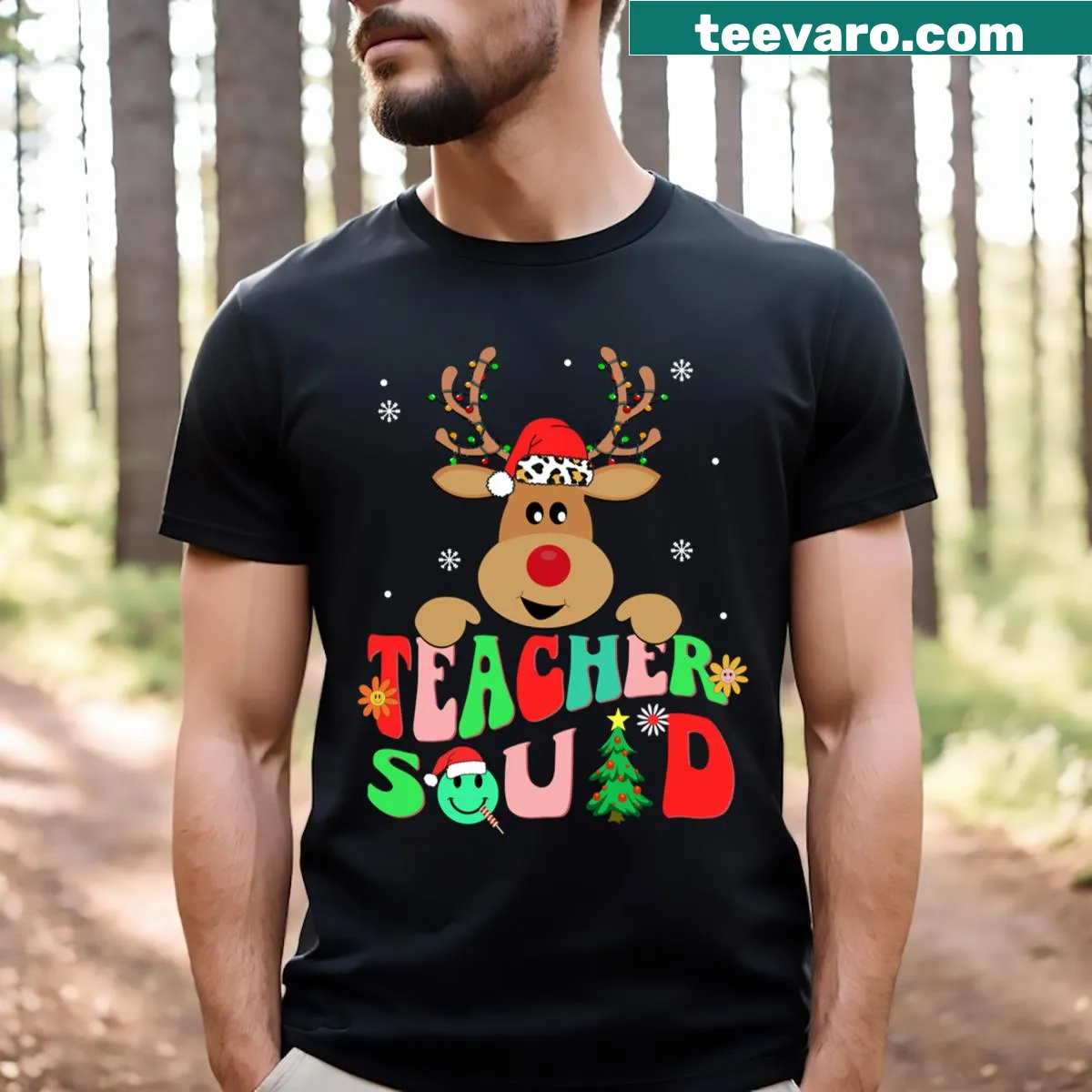 Festive reindeer design Teacher Christmas T-shirt — on a men's t-shirt