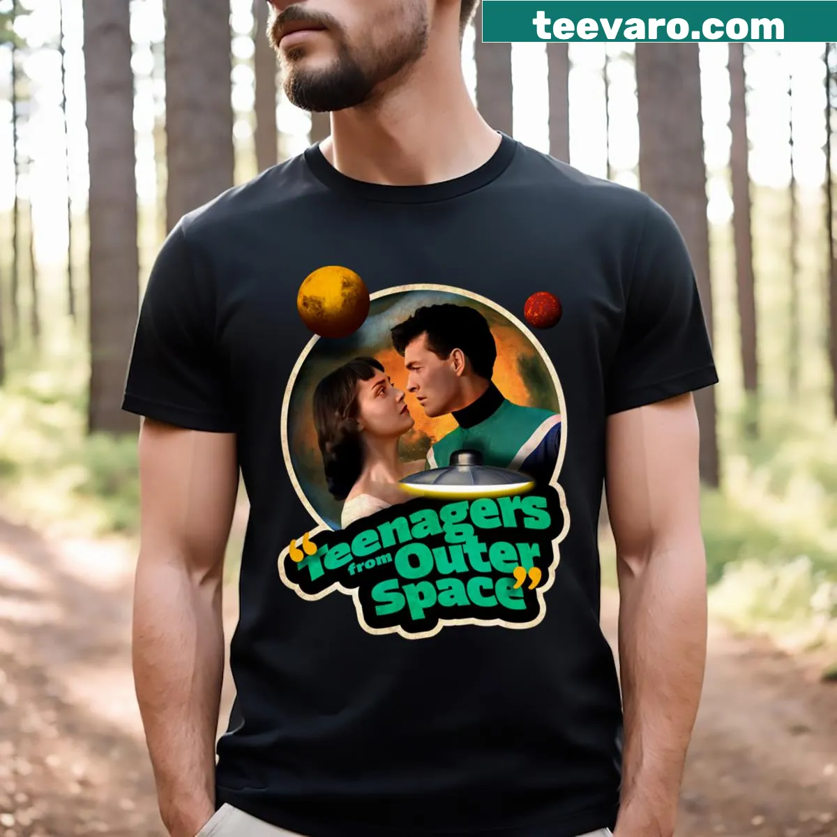 Vintage distressed t-shirt with 'Teenagers From Outer Space' design — on a men's t-shirt