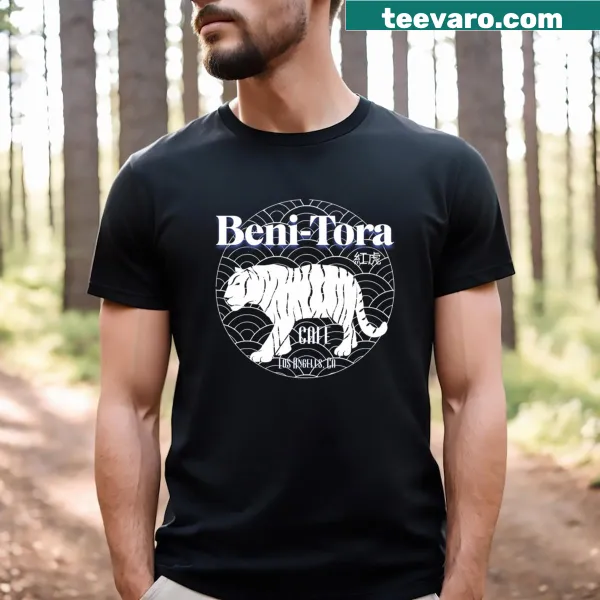 Illustrative T-shirt featuring 'The Famous Japanese Beni Tora Cafe' design