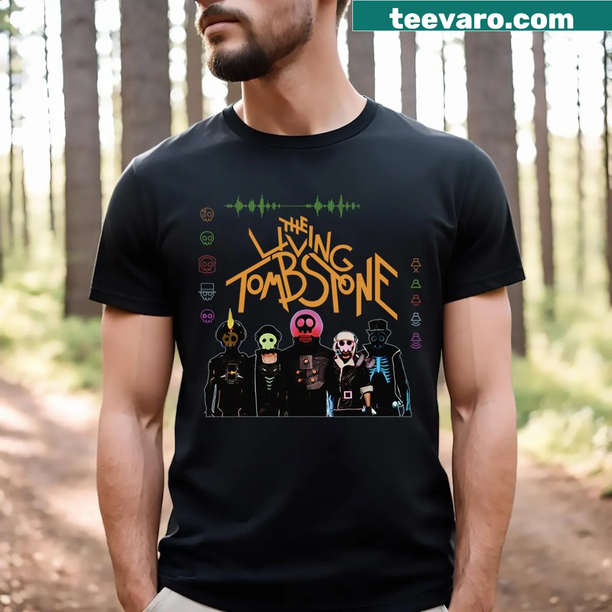 Illustrated t-shirt featuring design by The Living Tombstone — on a men's t-shirt