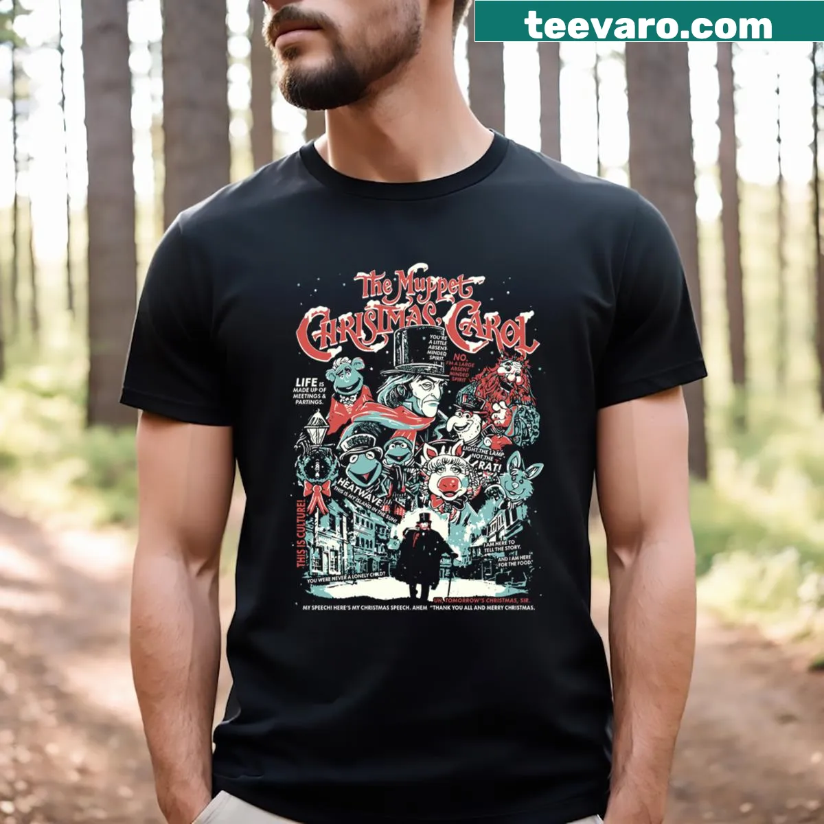 Retro t-shirt featuring Muppet Christmas Carol design — on a men's t-shirt