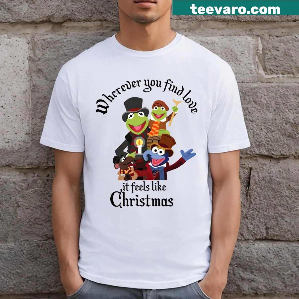 Vintage-style t-shirt featuring The Muppets Christmas Carol design — on a men's t-shirt