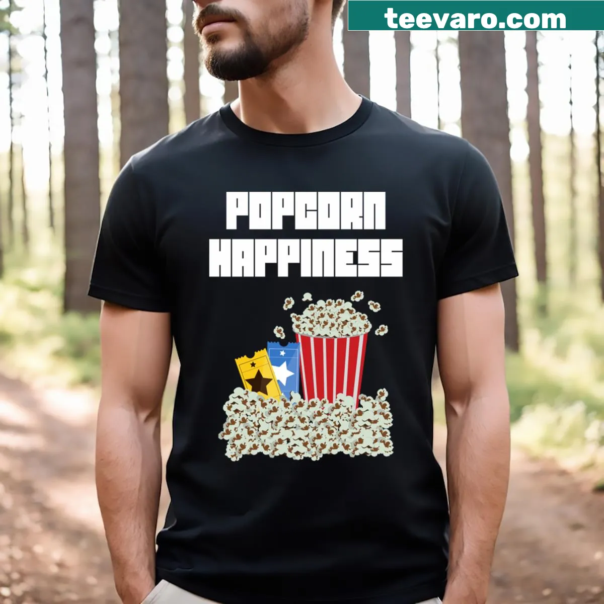 Illustrated T-shirt featuring a happy popcorn graphic — on a men's t-shirt