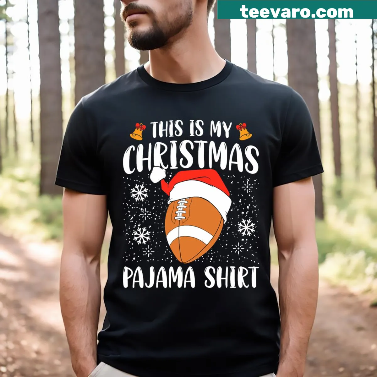 This Is My Christmas Pajama Football t-shirt with playful text — on a men's t-shirt