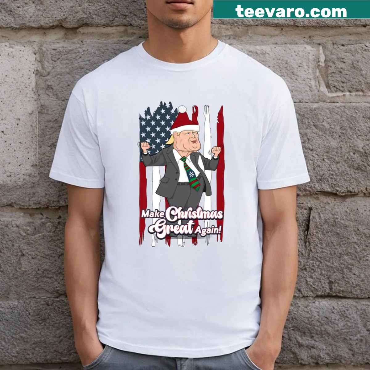 Playful typography on a Christmas themed Trump tee — on a men's t-shirt