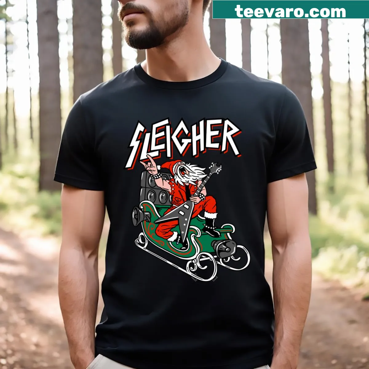 Grunge-style heavy metal Christmas t-shirt featuring Santa — on a men's t-shirt