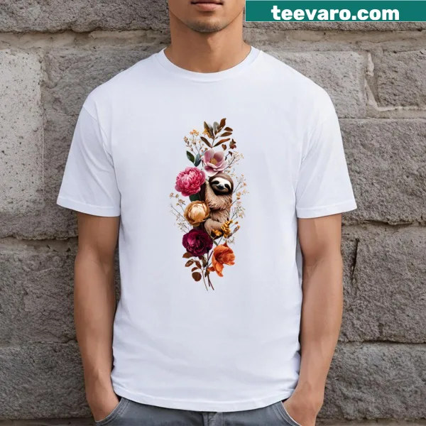 Illustration of a sloth surrounded by botanical elements on t-shirt
