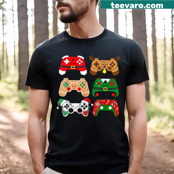Video game controller with Santa hat graphic on a kids t-shirt