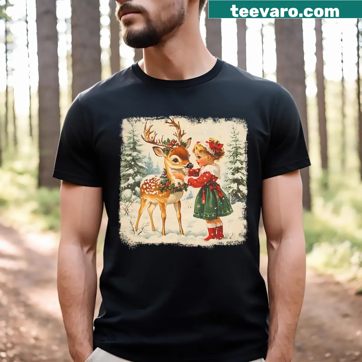 Vintage Christmas tee with a girl and reindeer design. — on a men's t-shirt