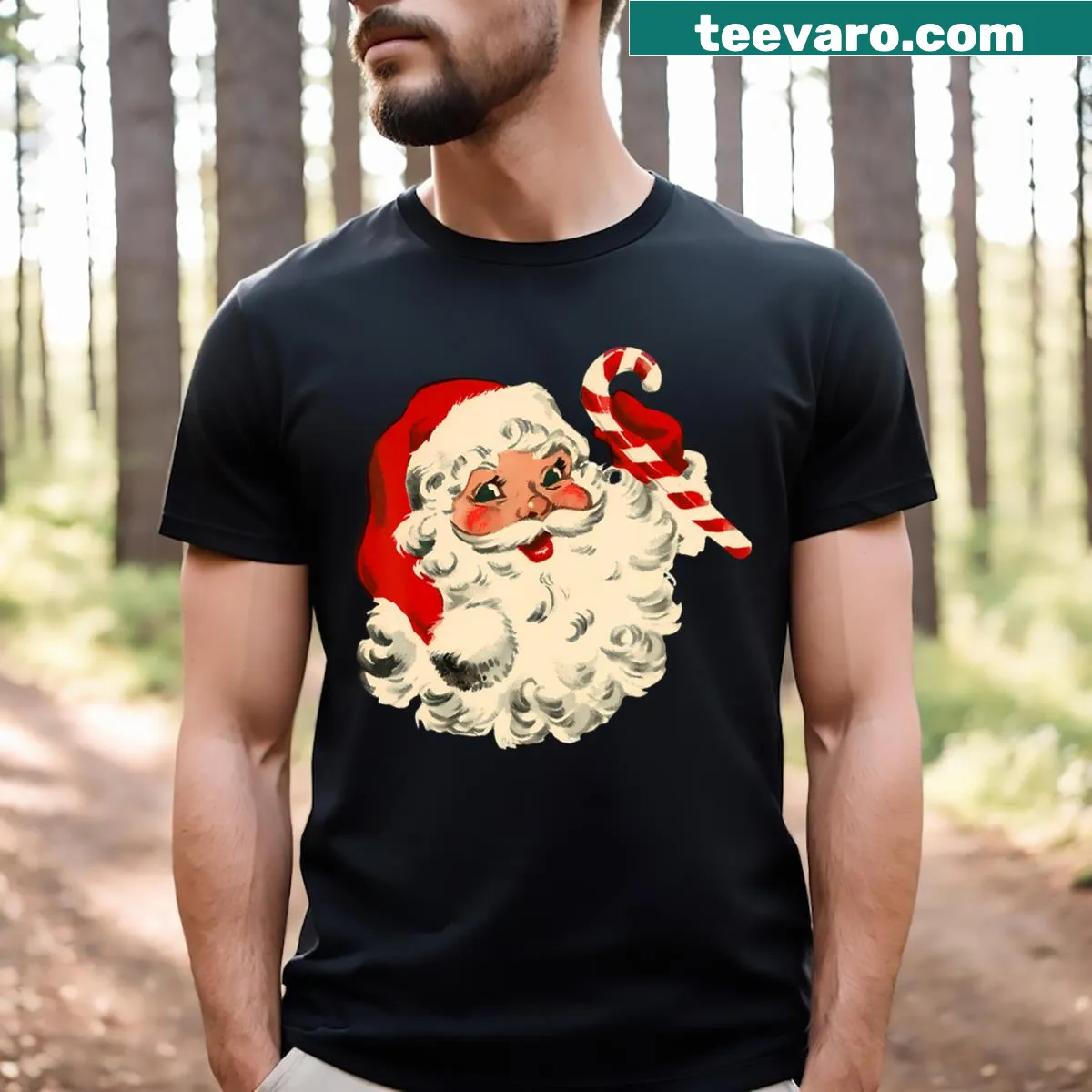 Vintage Santa face and candy cane graphic on Christmas t-shirt — on a men's t-shirt
