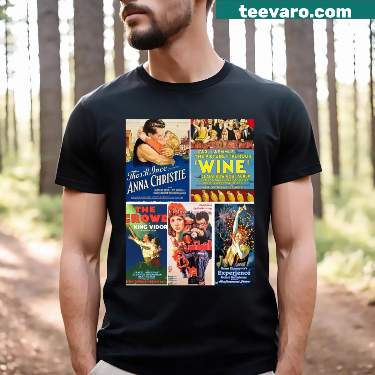 Vintage movie montage t-shirt with various film scenes — on a men's t-shirt