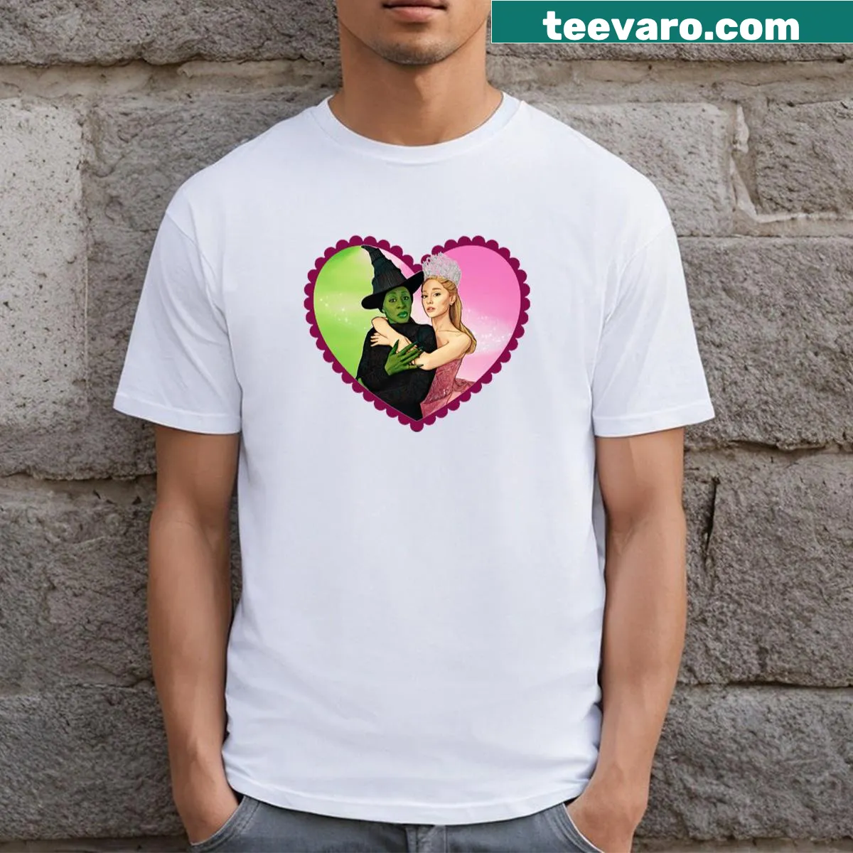 Illustrated T-shirt featuring Glinda and Elphaba from Wicked — on a men's t-shirt