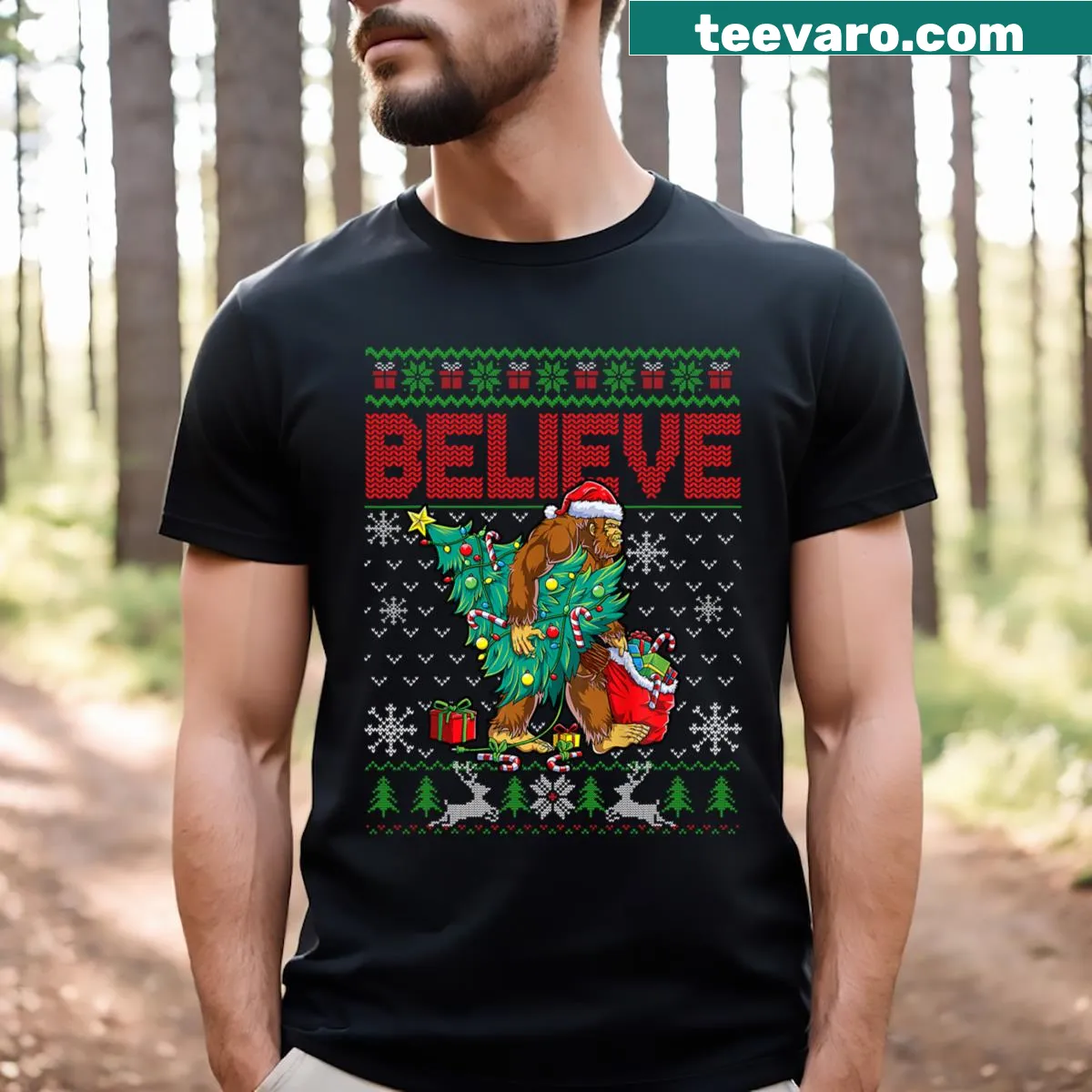 Bigfoot Santa and ugly Christmas tree design on t-shirt — on a men's t-shirt
