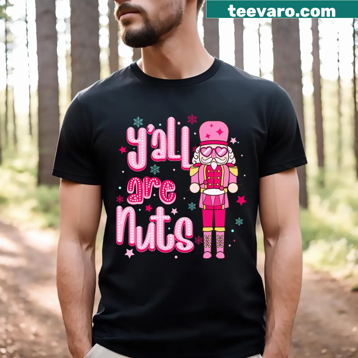 Funny Christmas T-shirt with nutcracker ballet illustration and humorous text — on a men's t-shirt