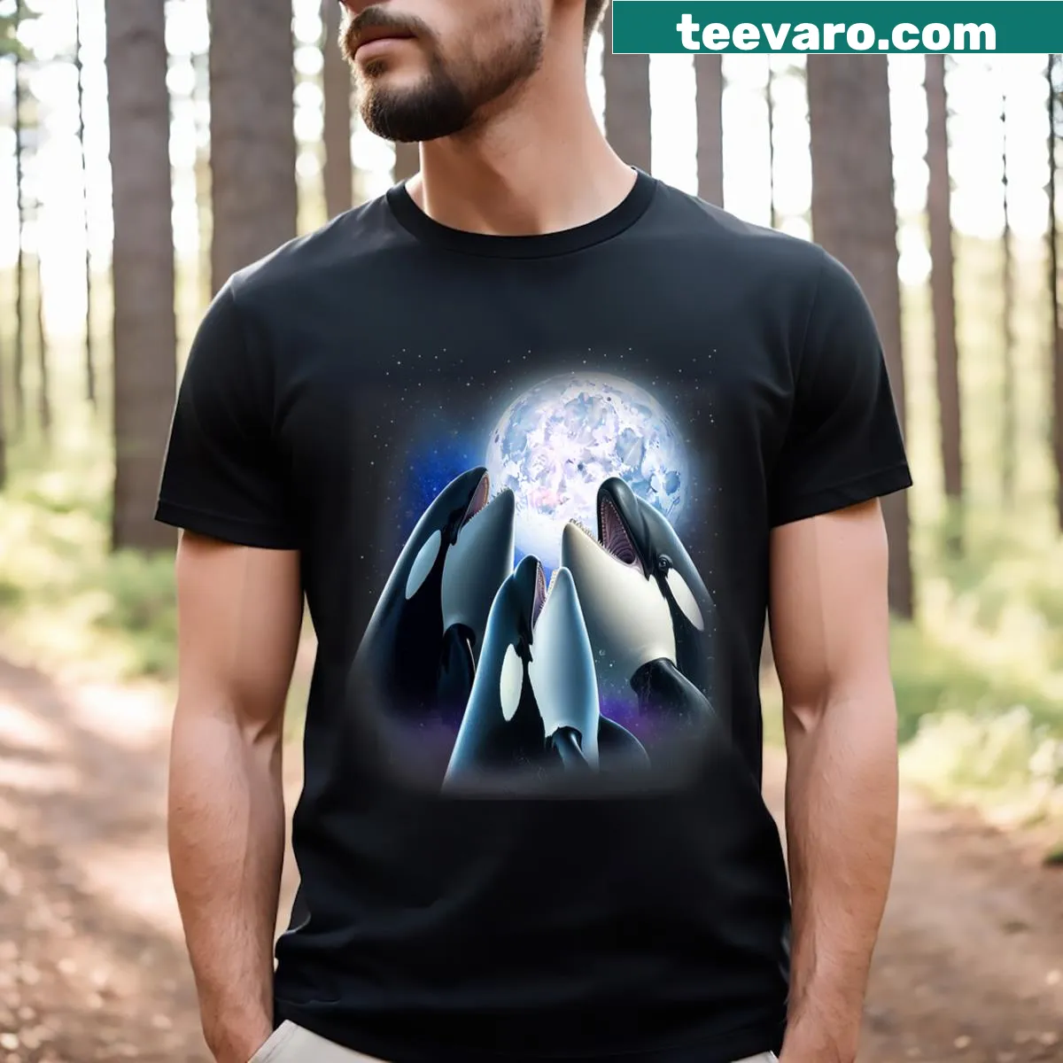 Whimsical t-shirt featuring three orcas howling at the moon — on a men's t-shirt