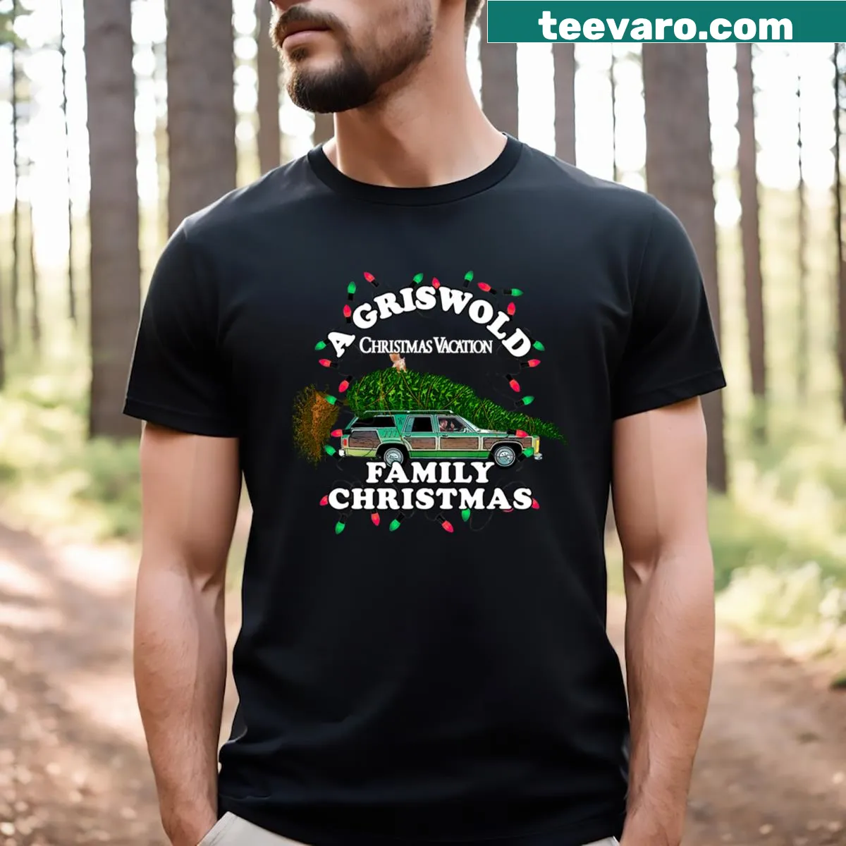 Vintage Griswold family wagon with Christmas tree graphic — on a men's t-shirt