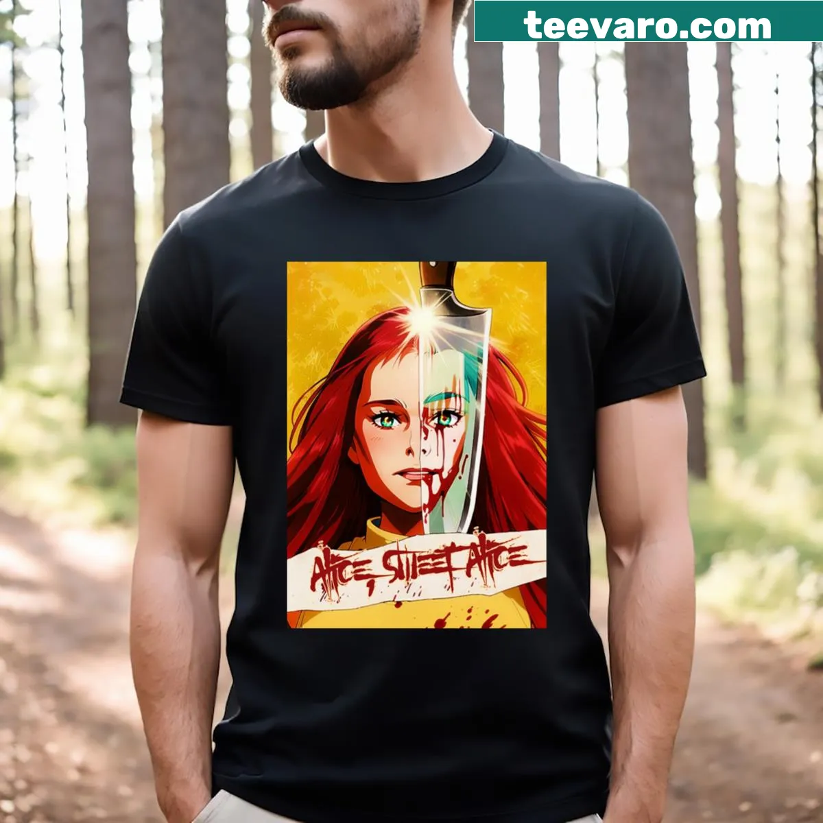 Charming T-shirt featuring whimsical Alice-themed design — on a men's t-shirt