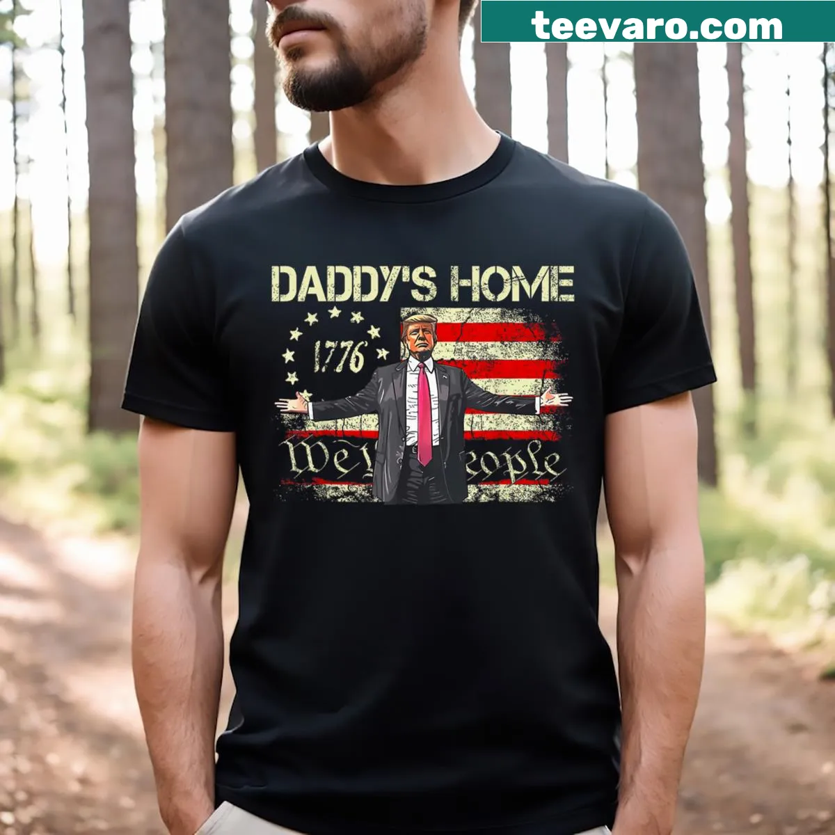 T-shirt featuring American flag and text 'Daddy's Home We The People' — on a men's t-shirt
