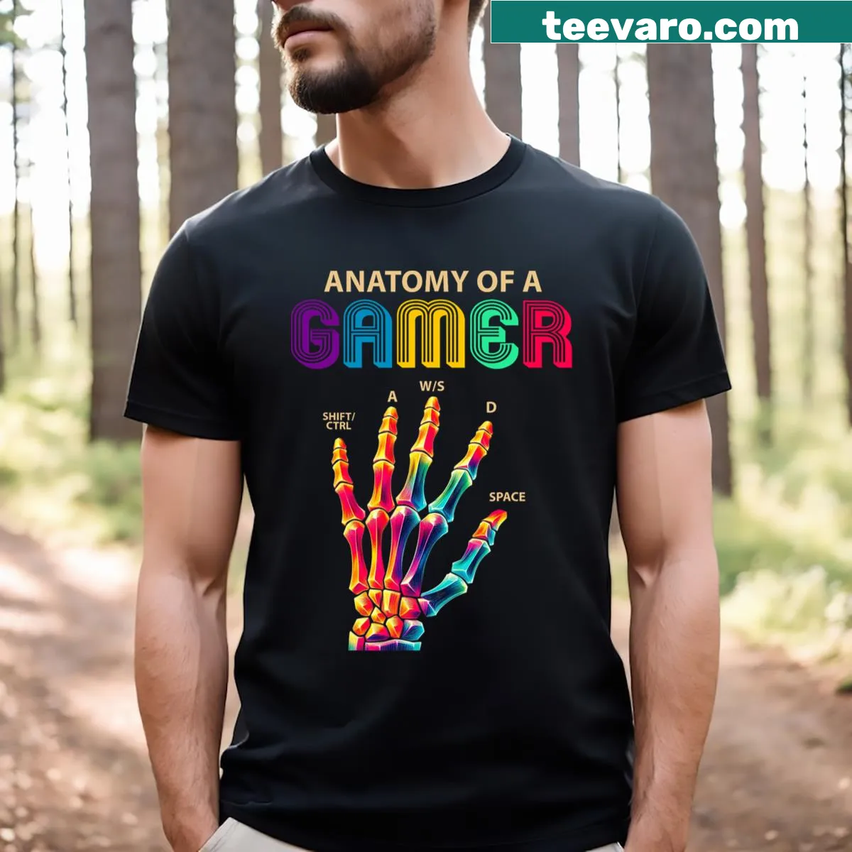 Funny T-shirt with skeleton hand illustration and Gamer theme — on a men's t-shirt