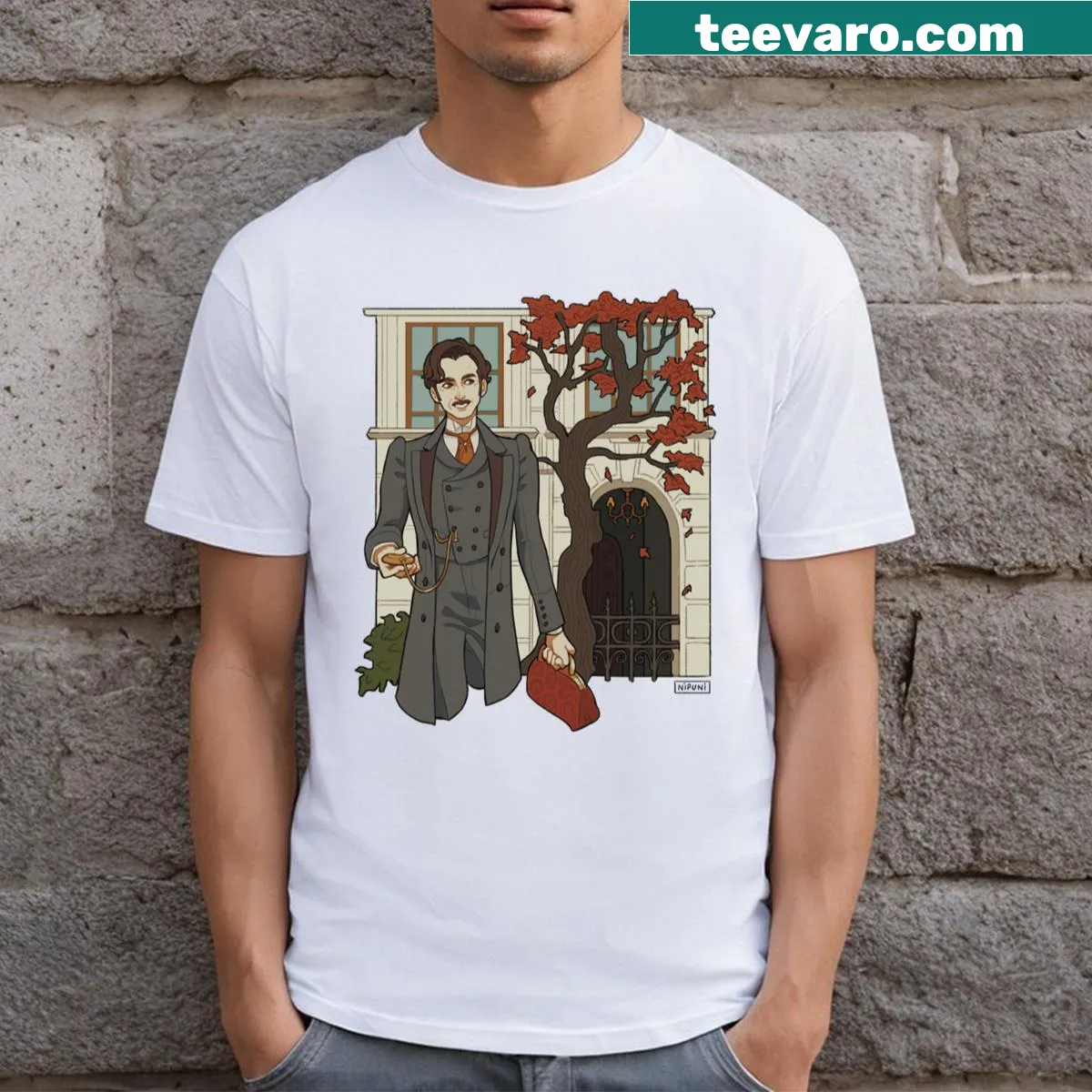 Serene autumn landscape T-shirt with fog and trees — on a men's t-shirt