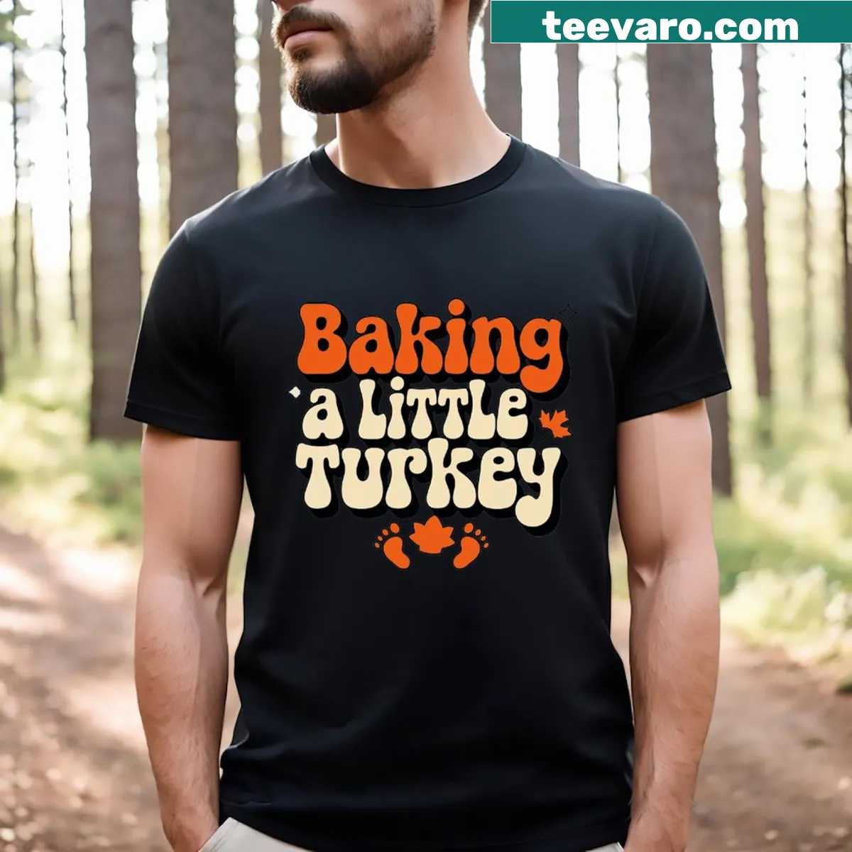 Cute T-shirt with turkey illustration for Thanksgiving pregnancy announcement — on a men's t-shirt