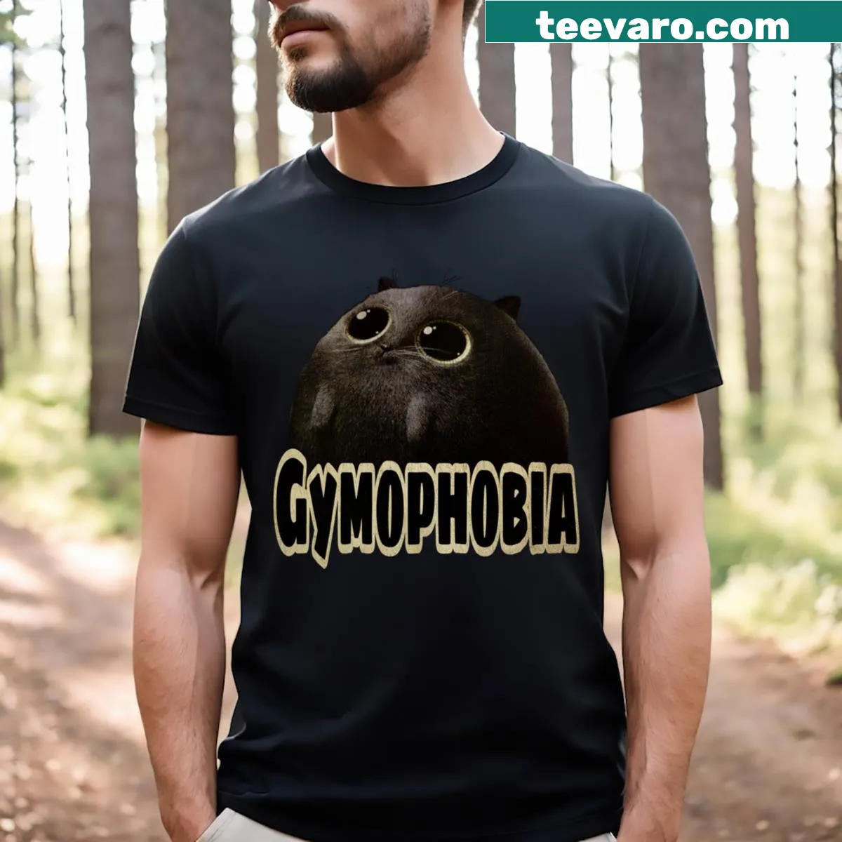 Adorable T-shirt with big-eyed black cat illustration and humorous text — on a men's t-shirt