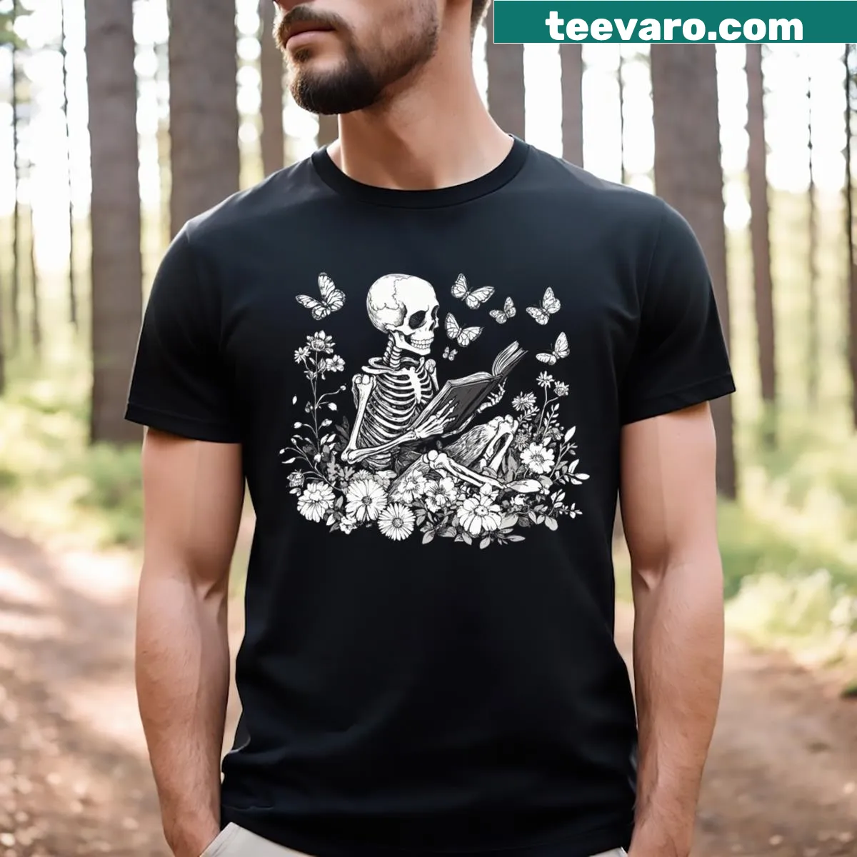 Skeleton reading a book T-shirt for book lovers — on a men's t-shirt
