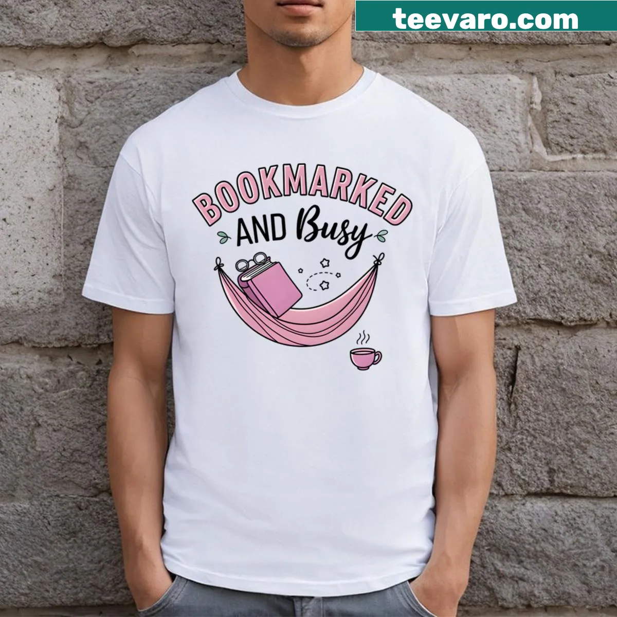 Bookmarked And Busy T-shirt with a reading theme — on a men's t-shirt