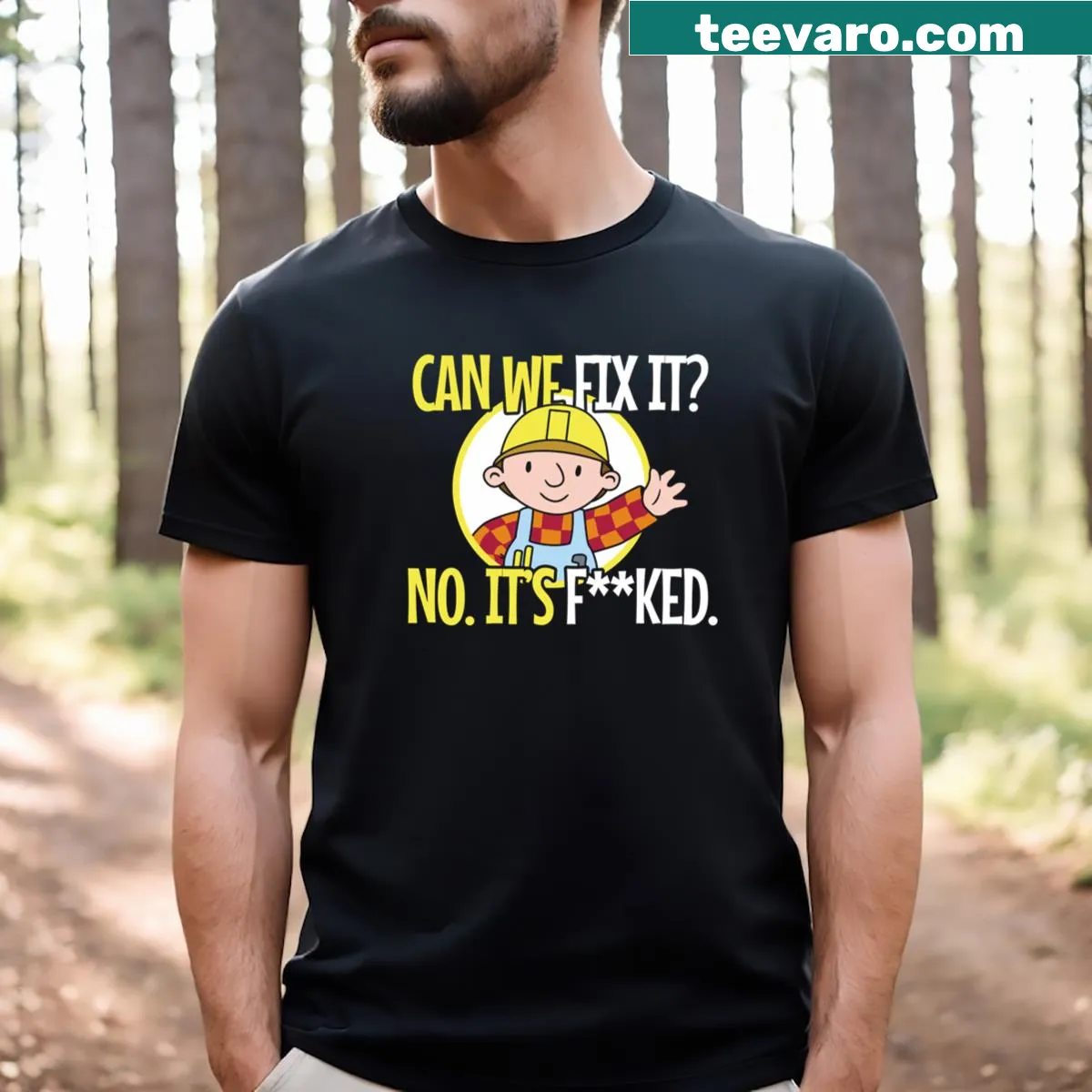 Funny T-shirt featuring repair man graphic and humorous text — on a men's t-shirt