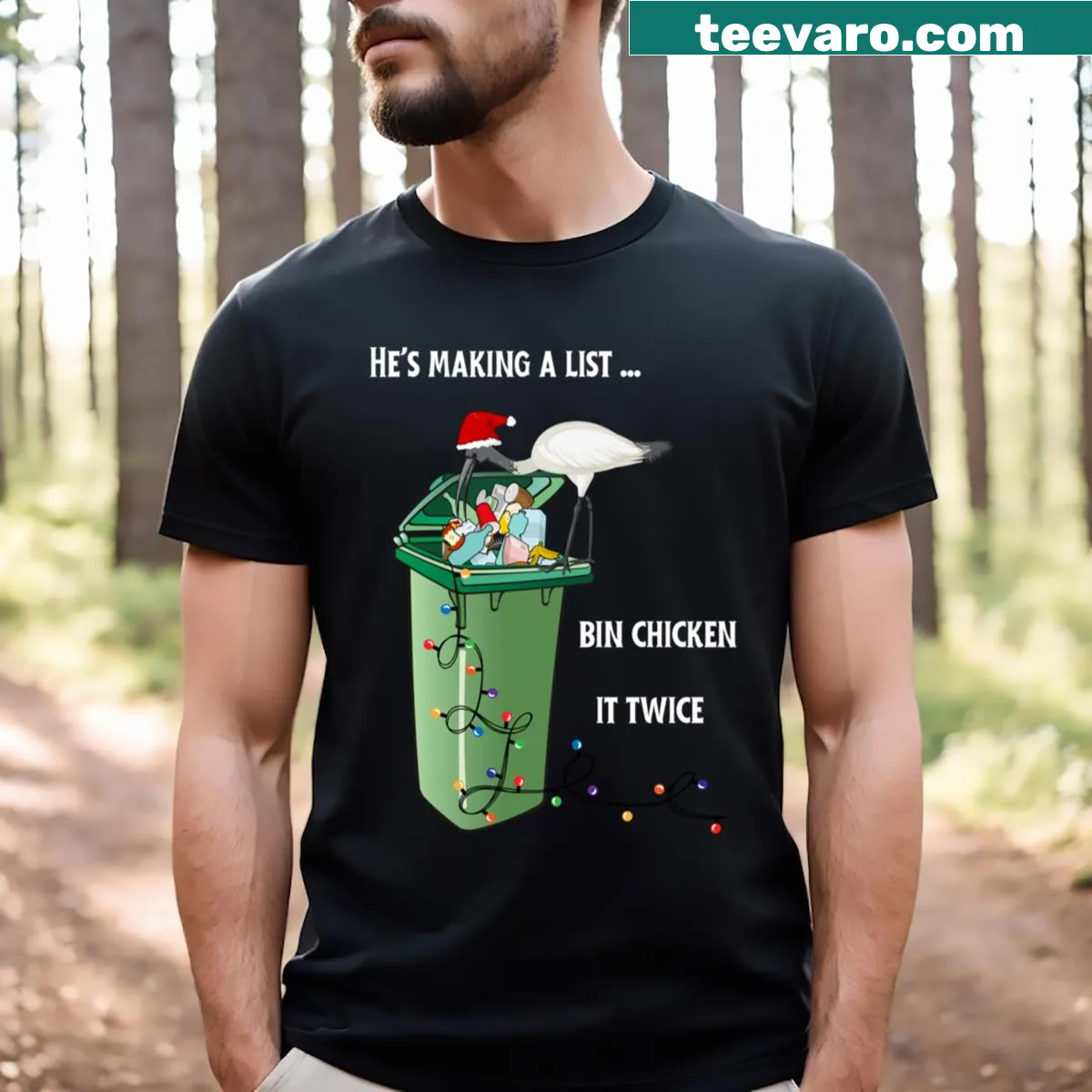 Funny Christmas T-shirt featuring a bin chicken illustration — on a men's t-shirt