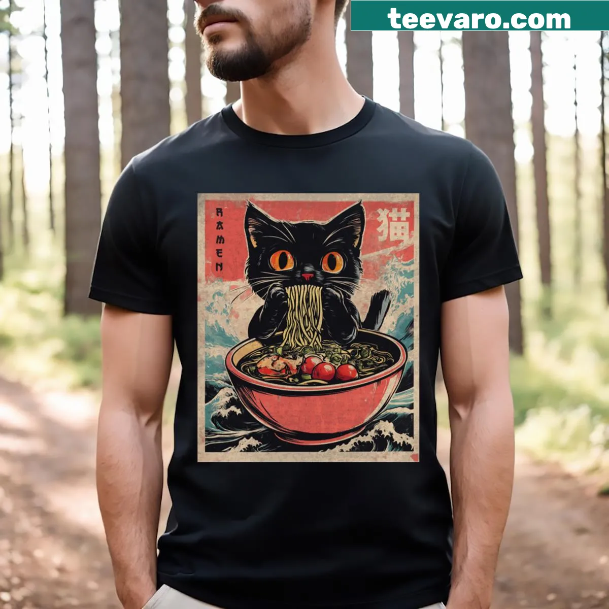 Kawaii cat and ramen graphic on a T-shirt — on a men's t-shirt