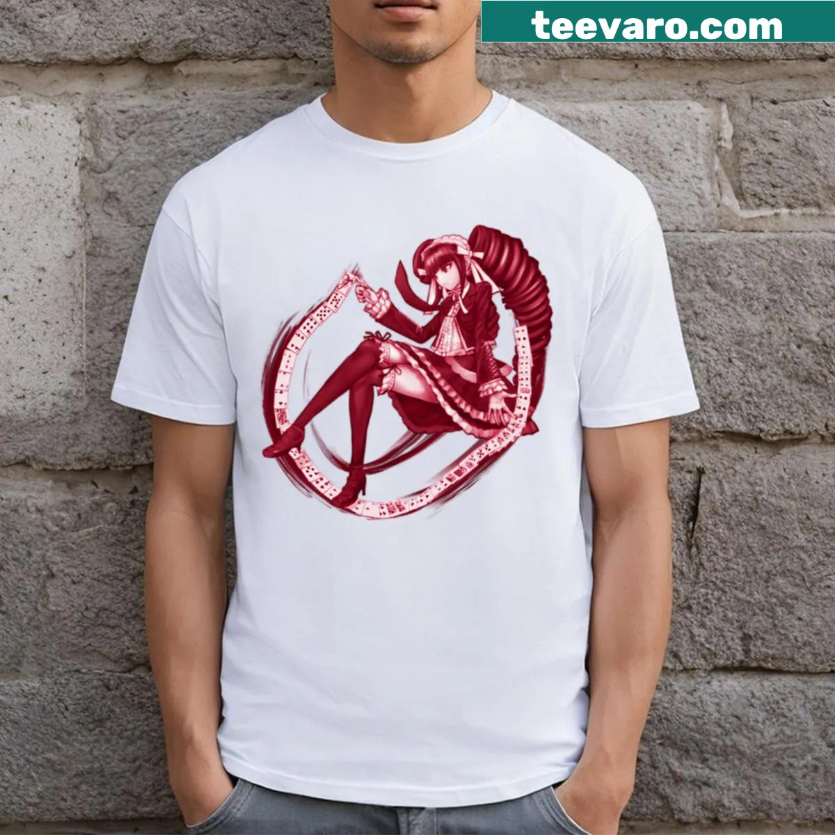 Monochromatic illustration of Celestia Ludenberg on T-shirt — on a men's t-shirt