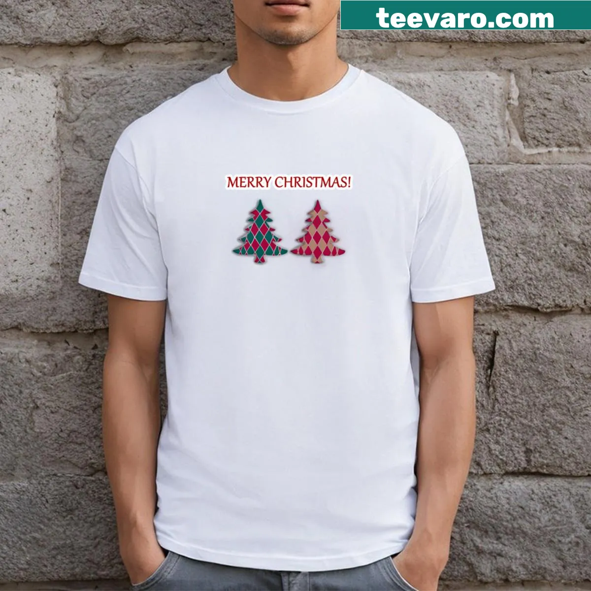 Checkerboard pattern of Christmas trees on T-shirt — on a men's t-shirt