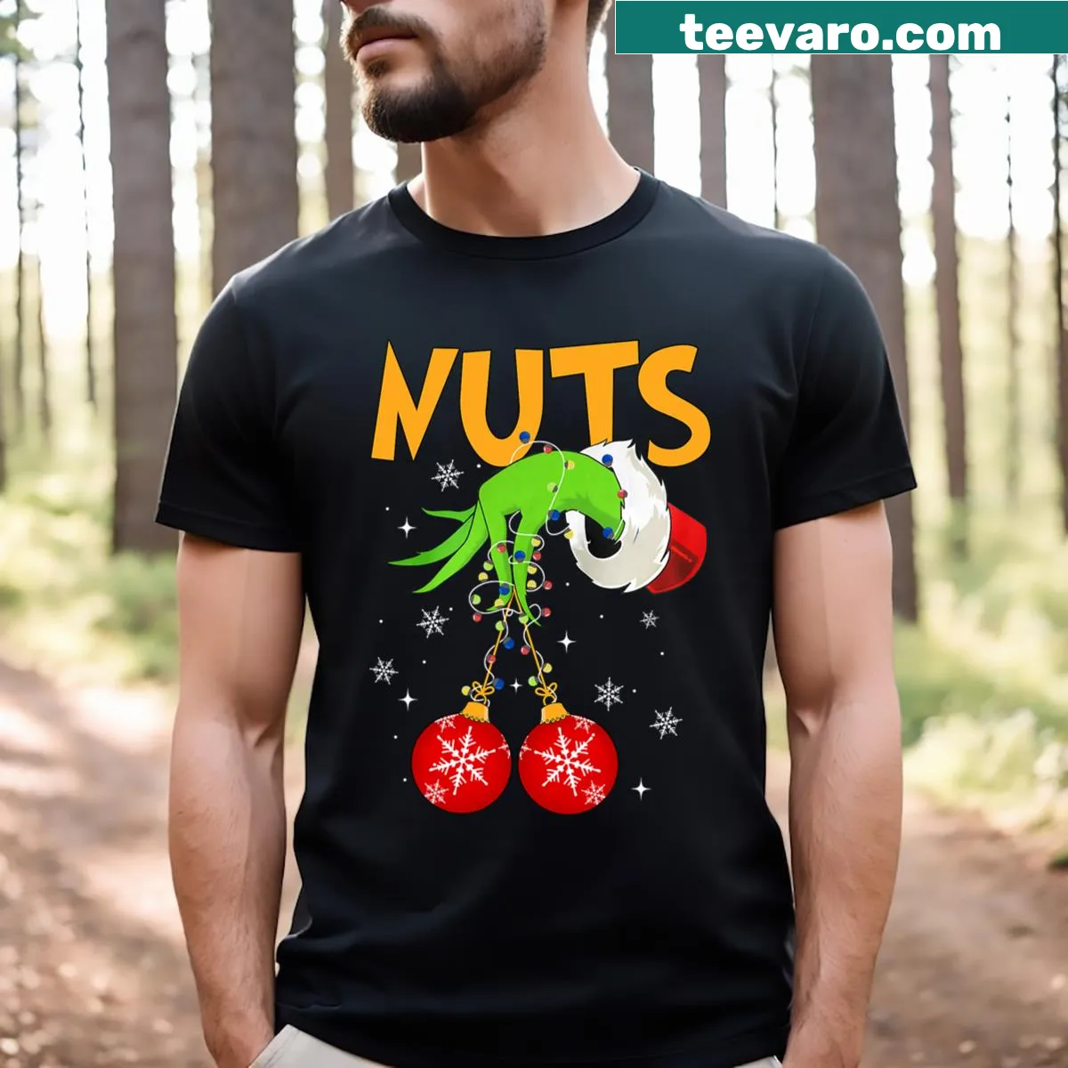 Matching couple's T-shirt featuring a chestnut design with snowflakes — on a men's t-shirt