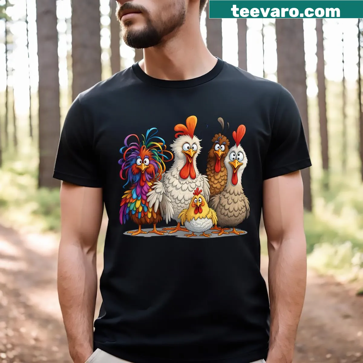 Funny T-shirt featuring a cartoon chicken design — on a men's t-shirt